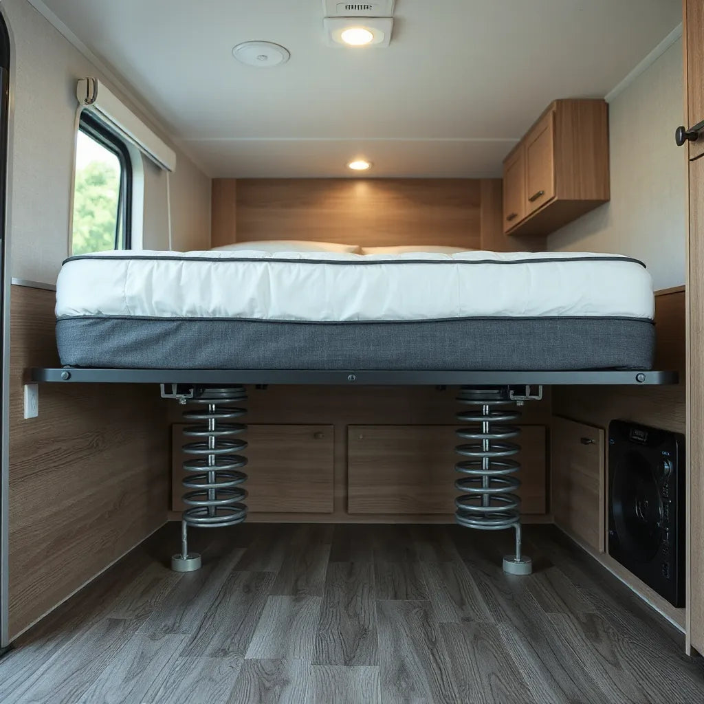 RV bed platform lifted by gas springs with mounting brackets visible