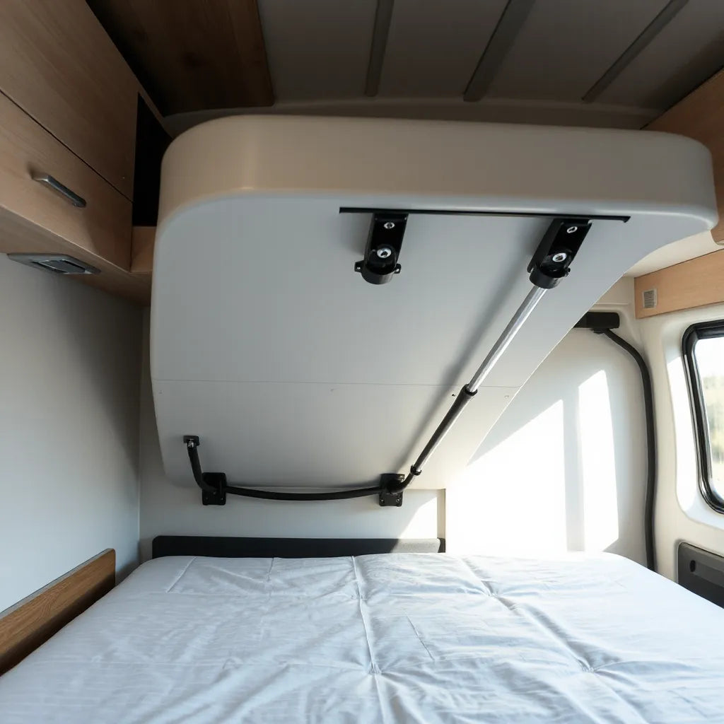 RV bed storage platform lifted with visible lift struts and mounting brackets in a clean camper interior