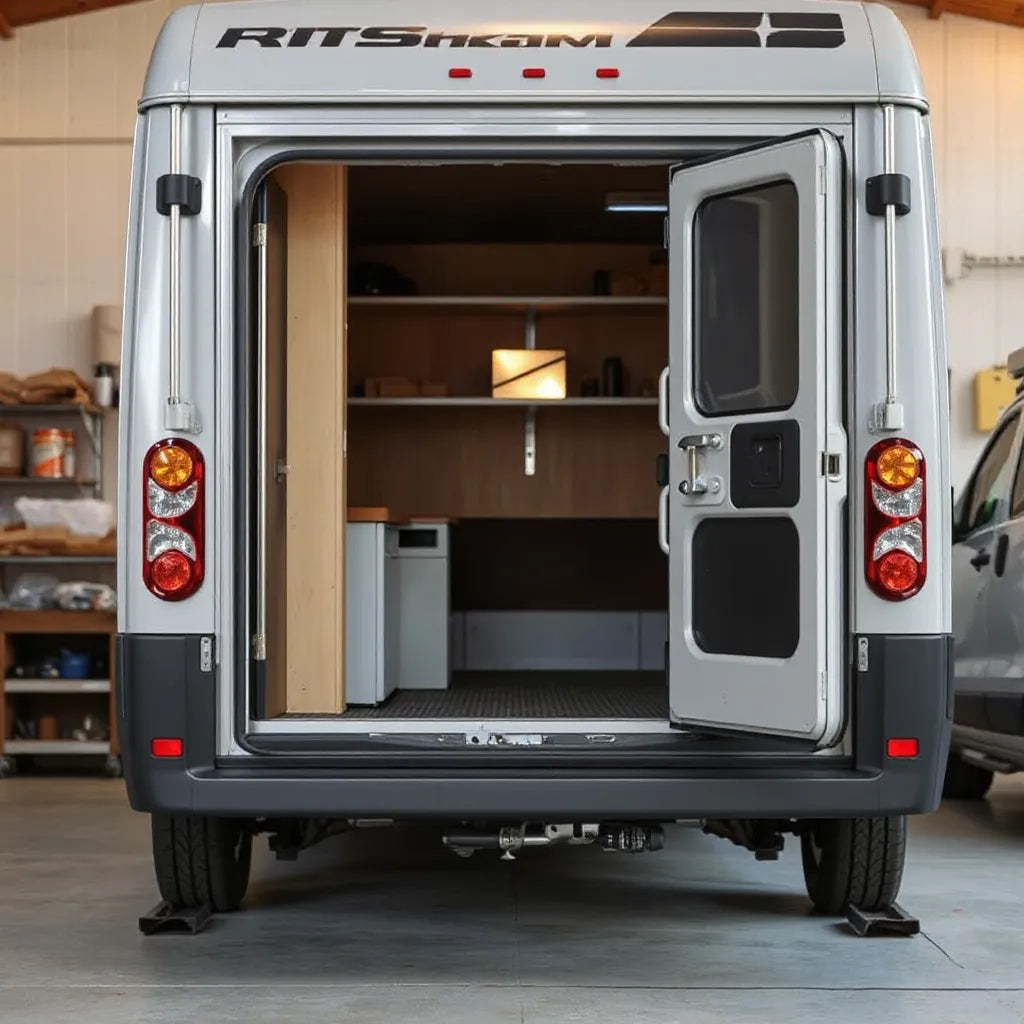 RV-style hatch door with visible lift-assist hardware supporting smooth, safe opening
