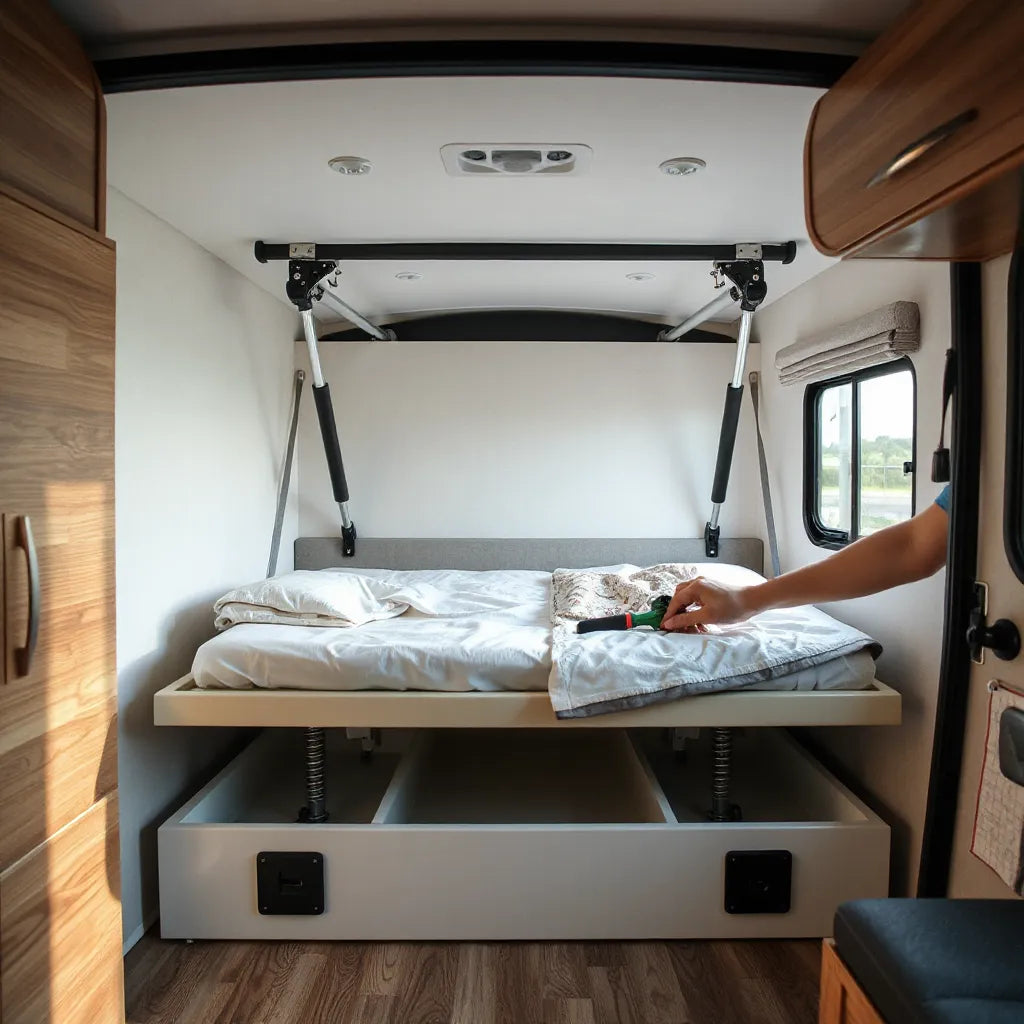 Raised RV bed platform with visible lift struts and brackets for easy access to under-bed storage