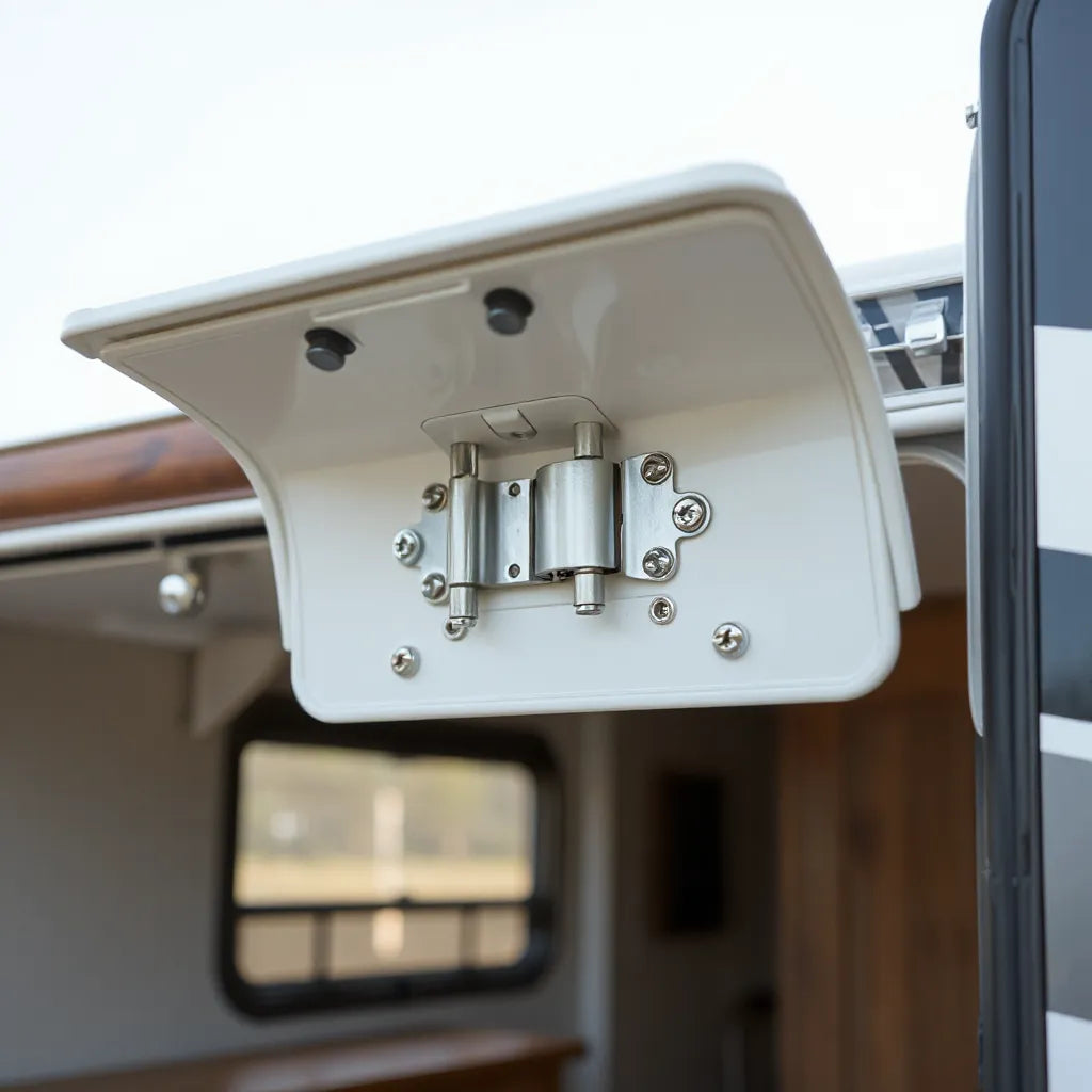 Metal RV door hinges mounted on an access door with visible screw holes and panel edges