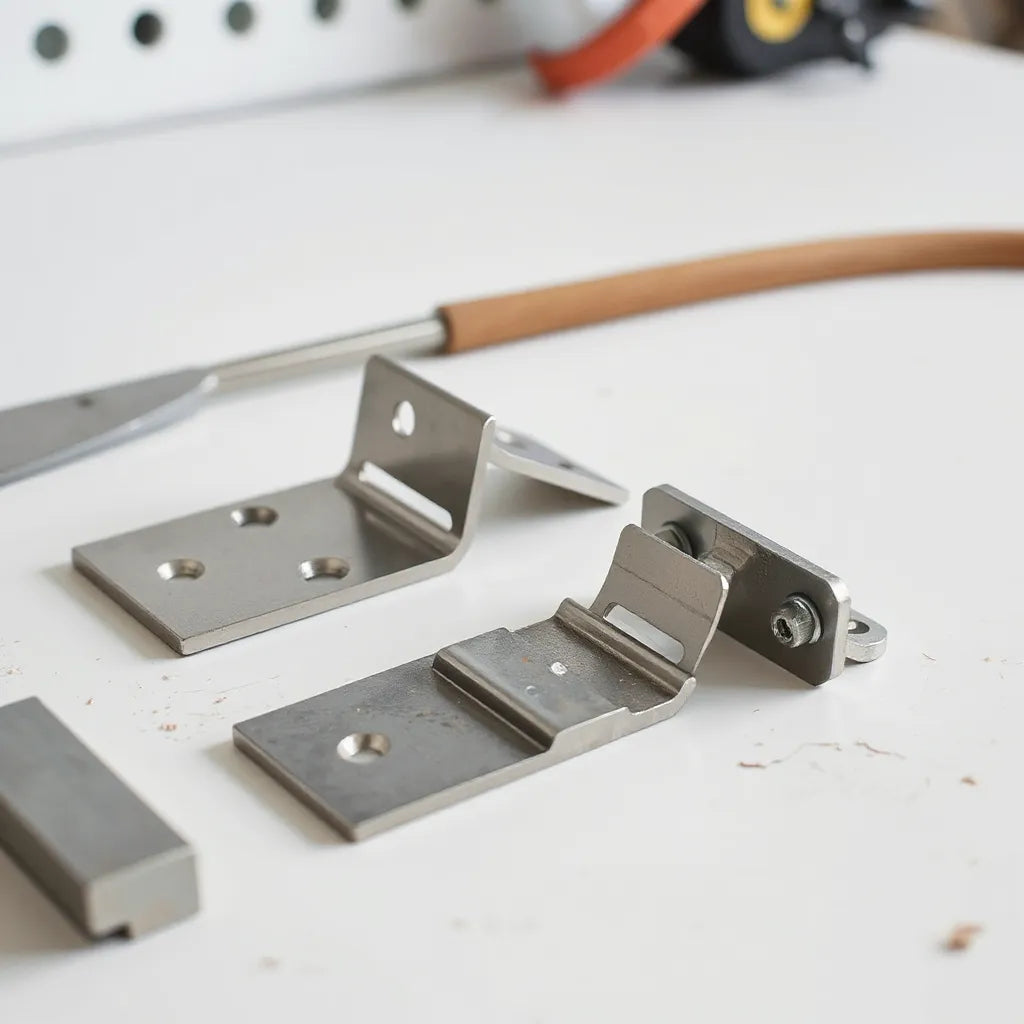 Metal replacement brackets with mounting holes and screws on a clean workbench